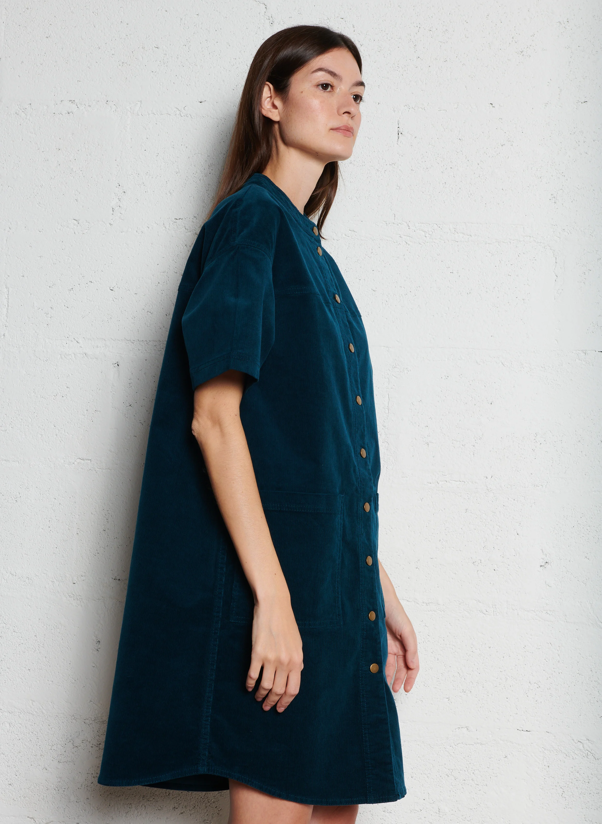 MARTHE - Robe chemise midi en velours côtelé | Bleu
