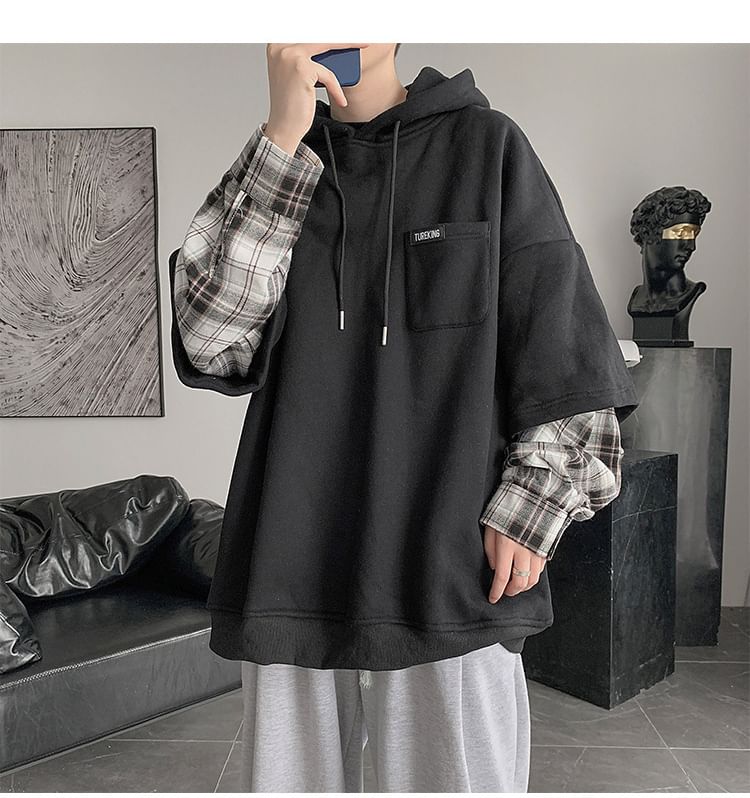 Cowpow - Mock tweedelige hoodie met lange mouwen en geruit paneel