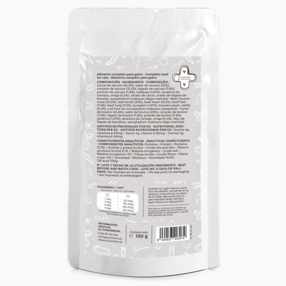 Ração úmida orgânica para gatos com carne bovina (100g) | com 96% de carne bovina | Sem grãos | Sem batata | Sem aditivos | Proteína única | 1 sachê de 100g