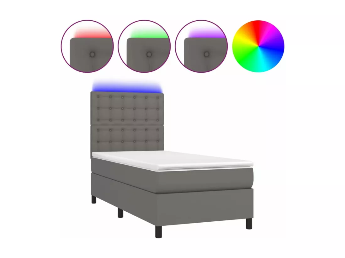 Sommier tapissier et matelas et LED Gris 90x190 cm Similicuir