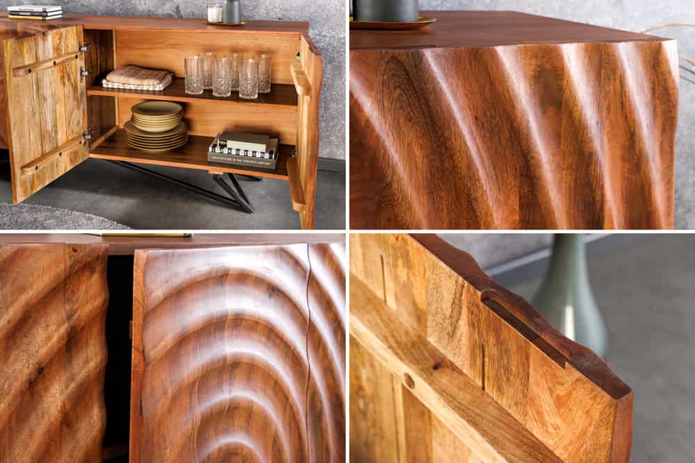 Design Sideboard ZEN 180cm braun Mangoholz mit 3D Schnitzereien Metallgestell schwarz handmade