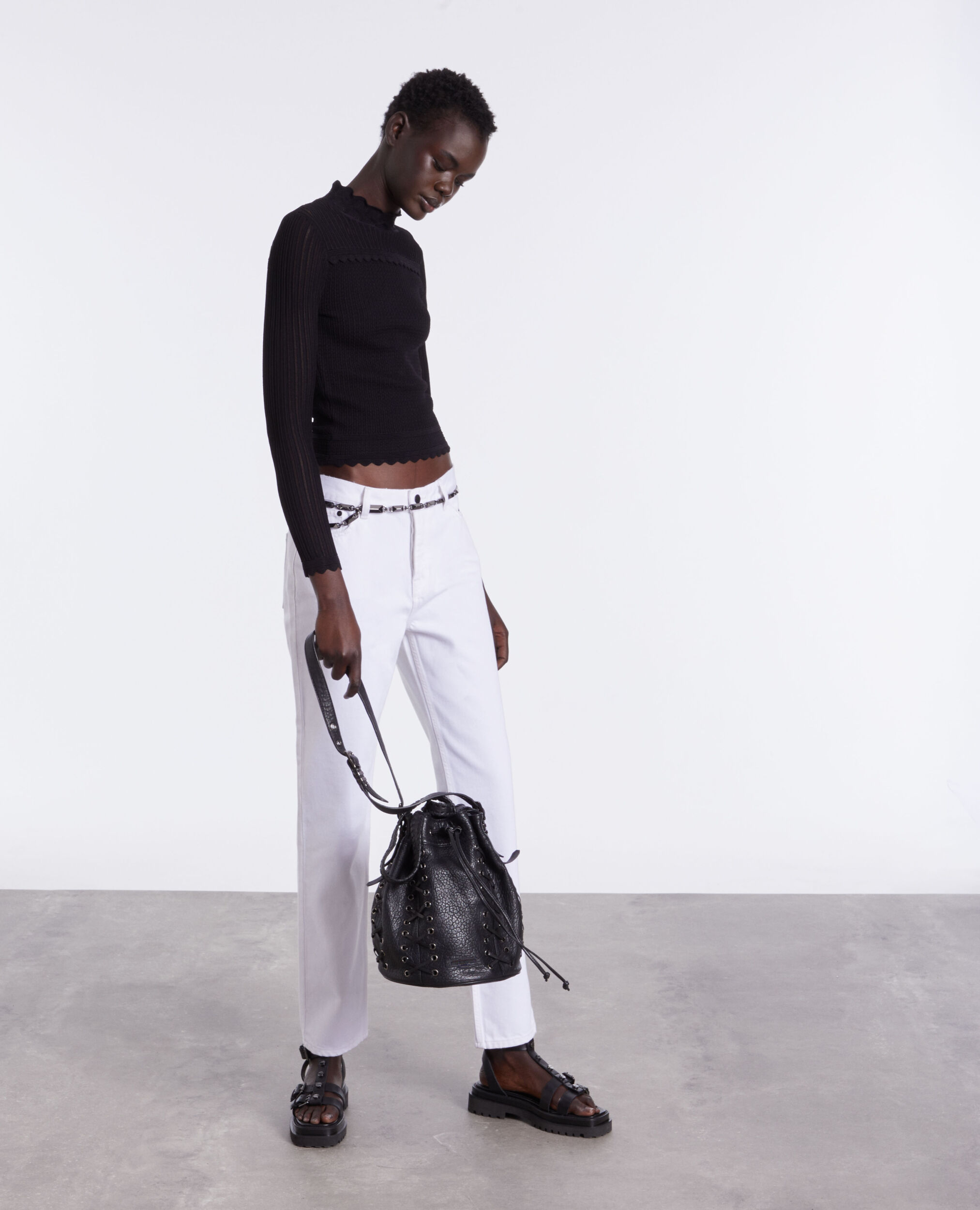 Cropped black openwork mesh sweater