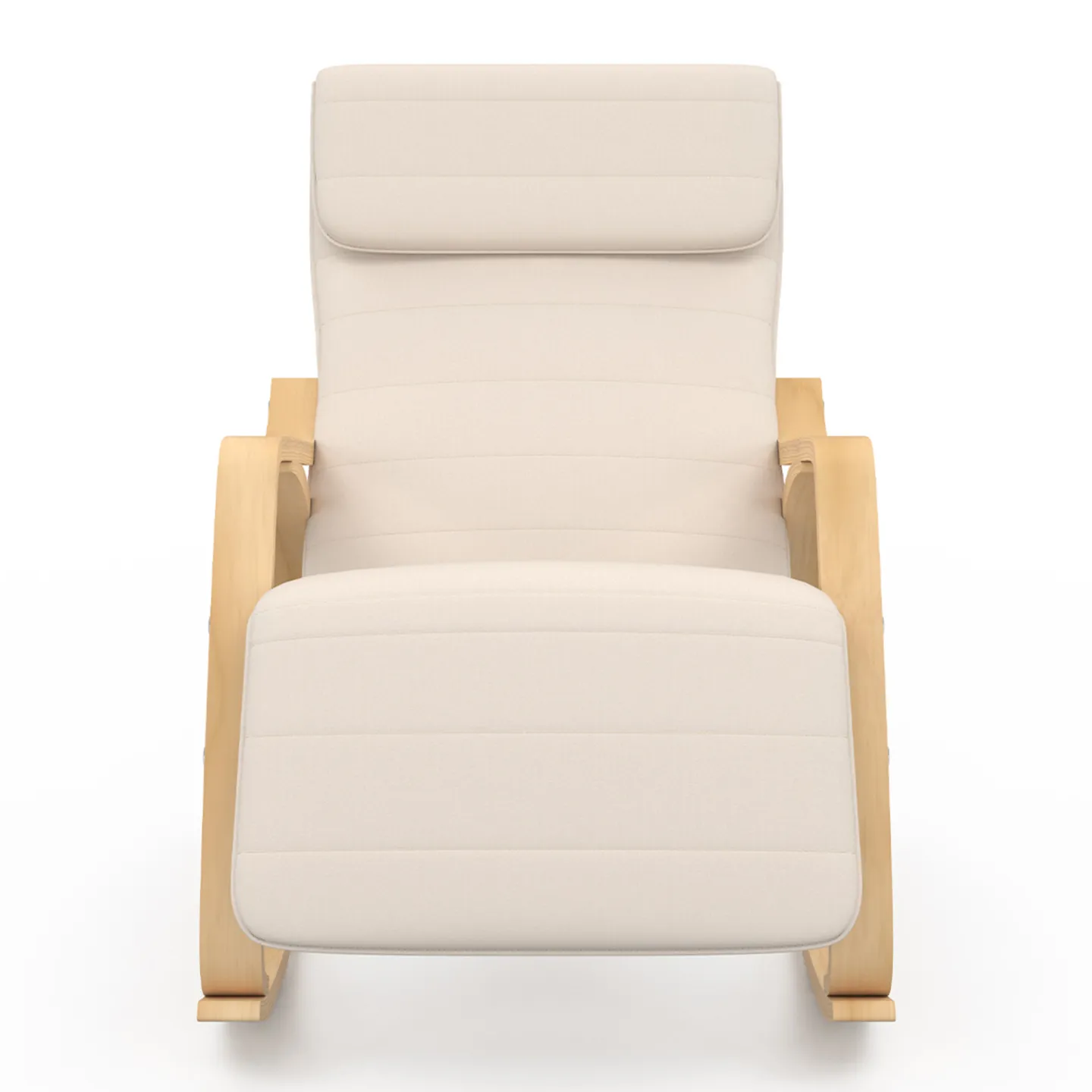 Fauteuil à bascule NILS, rocking chair avec repose pied en bois façon hêtre et coussin tissu beige
