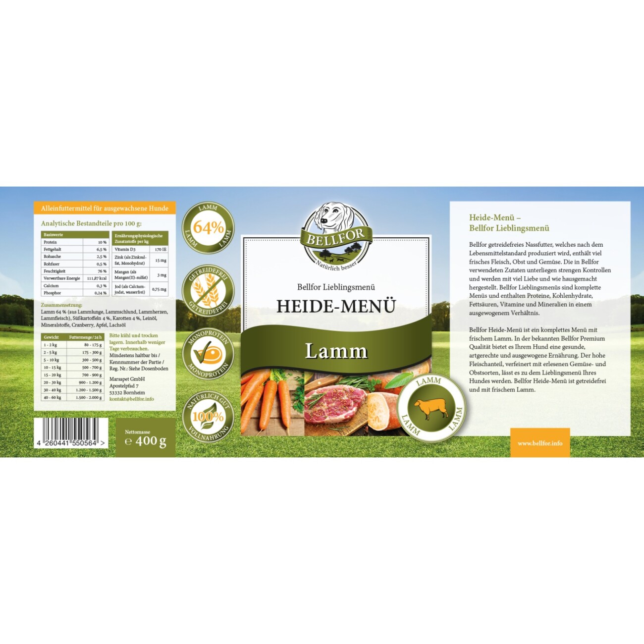 Bellfor Hundefutter Nass mit Lamm - Heide-Menü - 400g