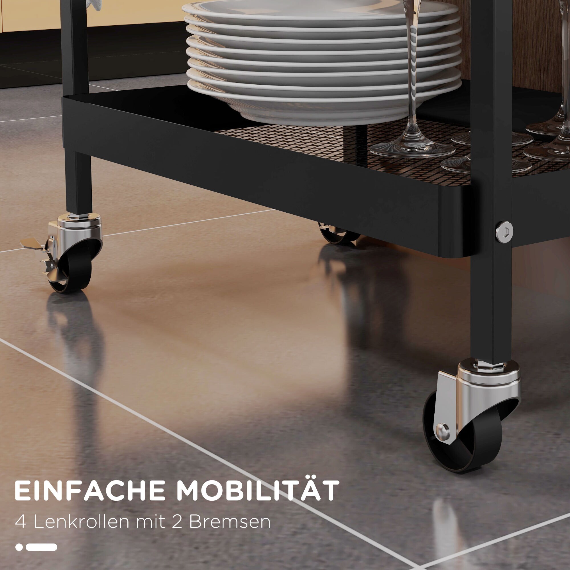 HOMCOM Rollwagen mitSchublade, 2 Ablageflächen und 4 Rollen schwarz 61L x 32,6B x 58,5H cm