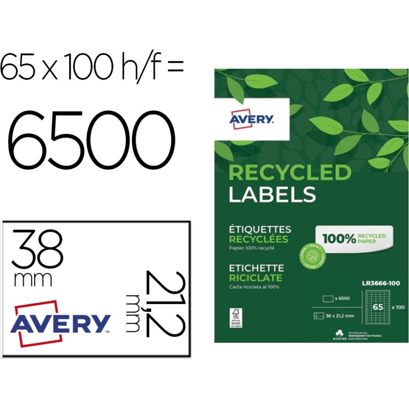 Etiquettes avery recyclees multiusages 38x21,2 mm        coloris blanches 6500 unites