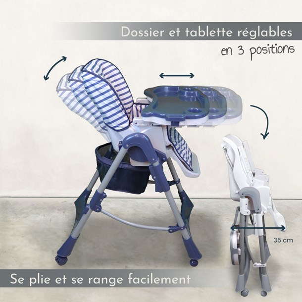 Chaise haute bébé pliable rayée bleu