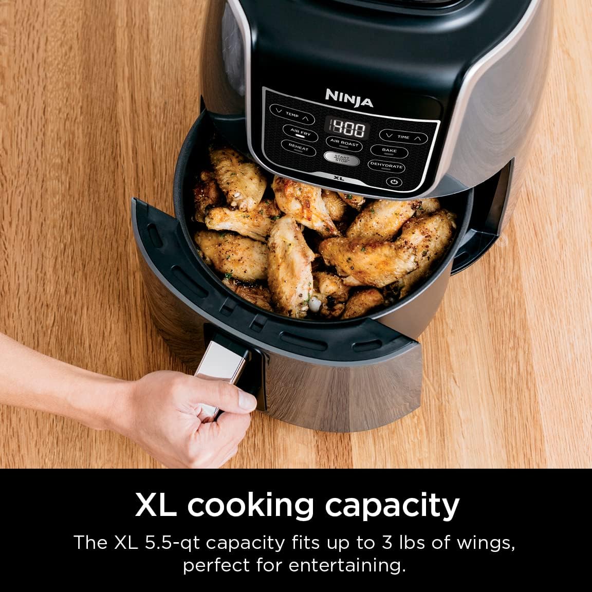Ninja AF150AMZ Friteuse à air XL d'une capacité de 5,2 l qui peut frire à l'air, rôtir à l'air, cuire, réchauffer et déshydrater, passe au lave-vaisselle, panier antiadhésif, assiette à frire et guide