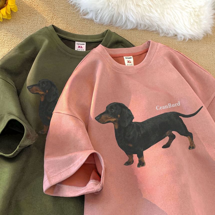 Breeson - T-shirt met ronde hals en hondenprint, met elleboogmouwen