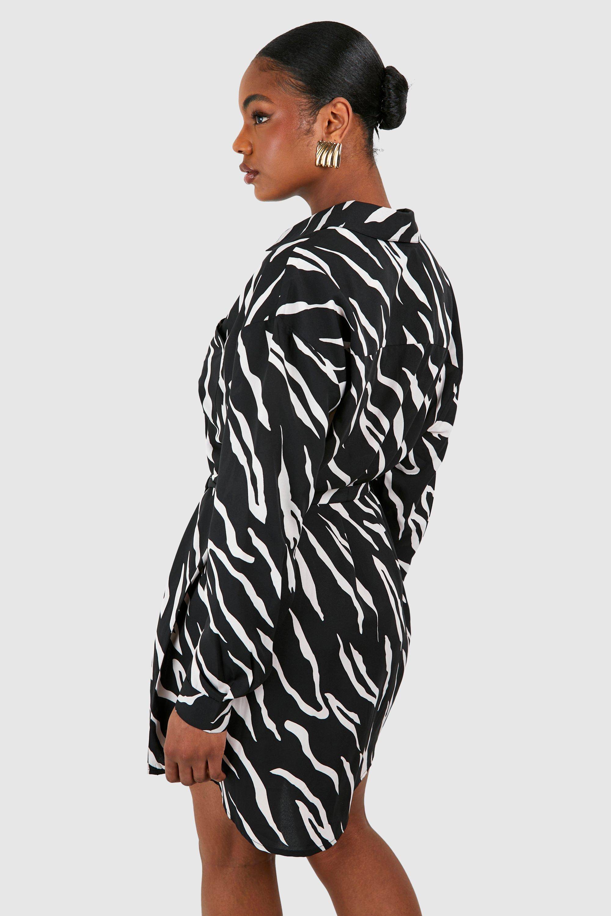 boohoo Tall Woven Zebra Belted Shirt Dress
