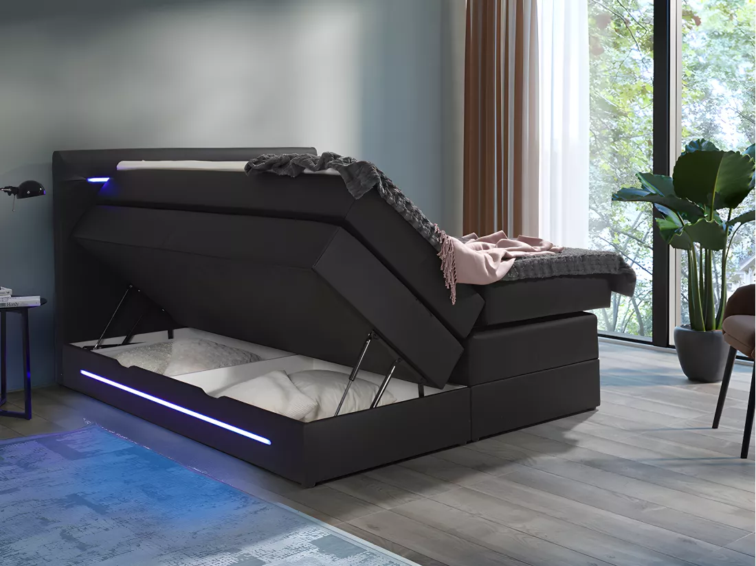 Ensemble complet boxspring tête de lit avec leds + sommiers coffre + matelas + surmatelas - 160 x 200 cm - Simili - Noir - KEROS de YSMÉE