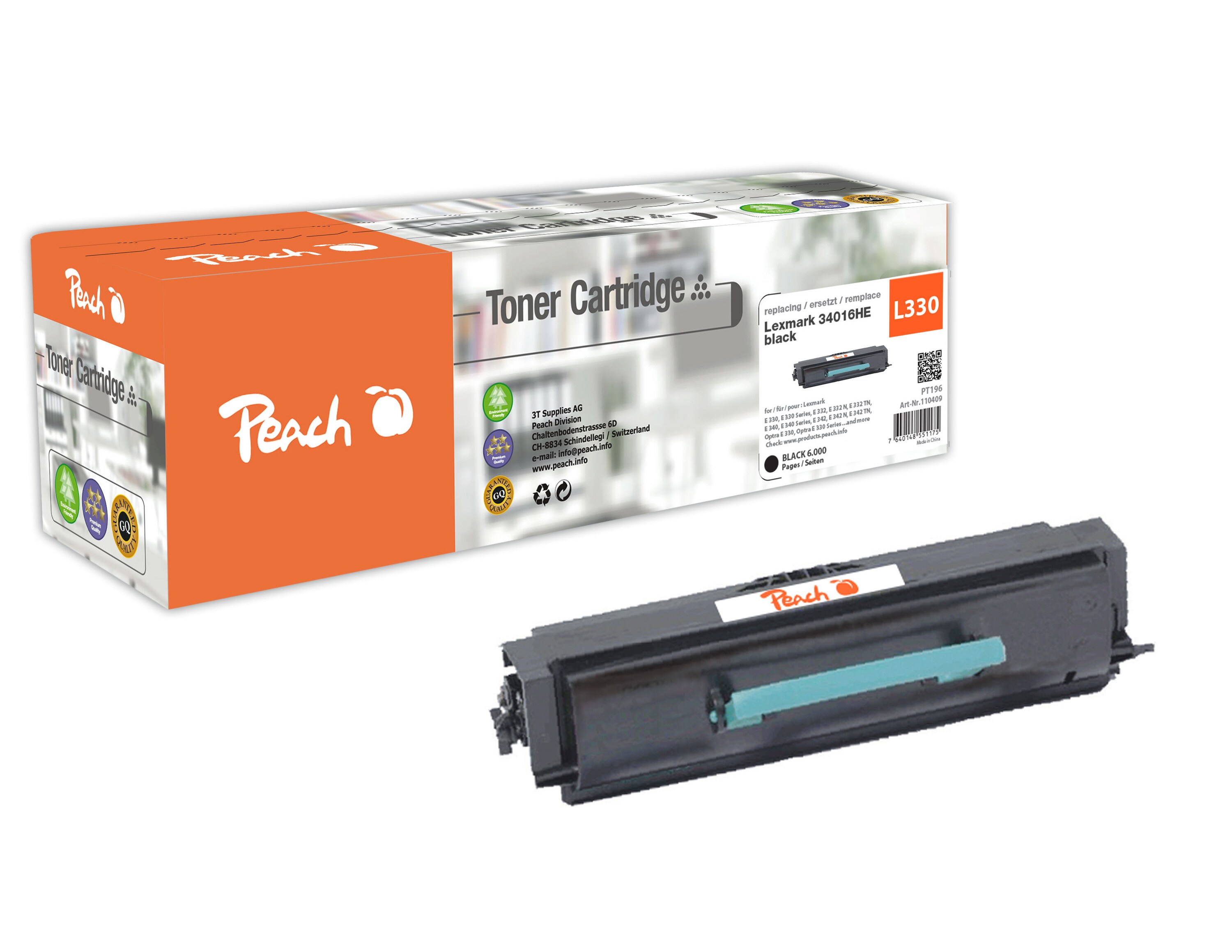 Peach L330Toner bk ersetzt Lexmark No. 330, No. 340BK, 34016HE für z.B. Lexmark E 330, Lexmark E 332, Lexmark E 332 N, Lexmark E 332 TN (wiederaufbereitet)