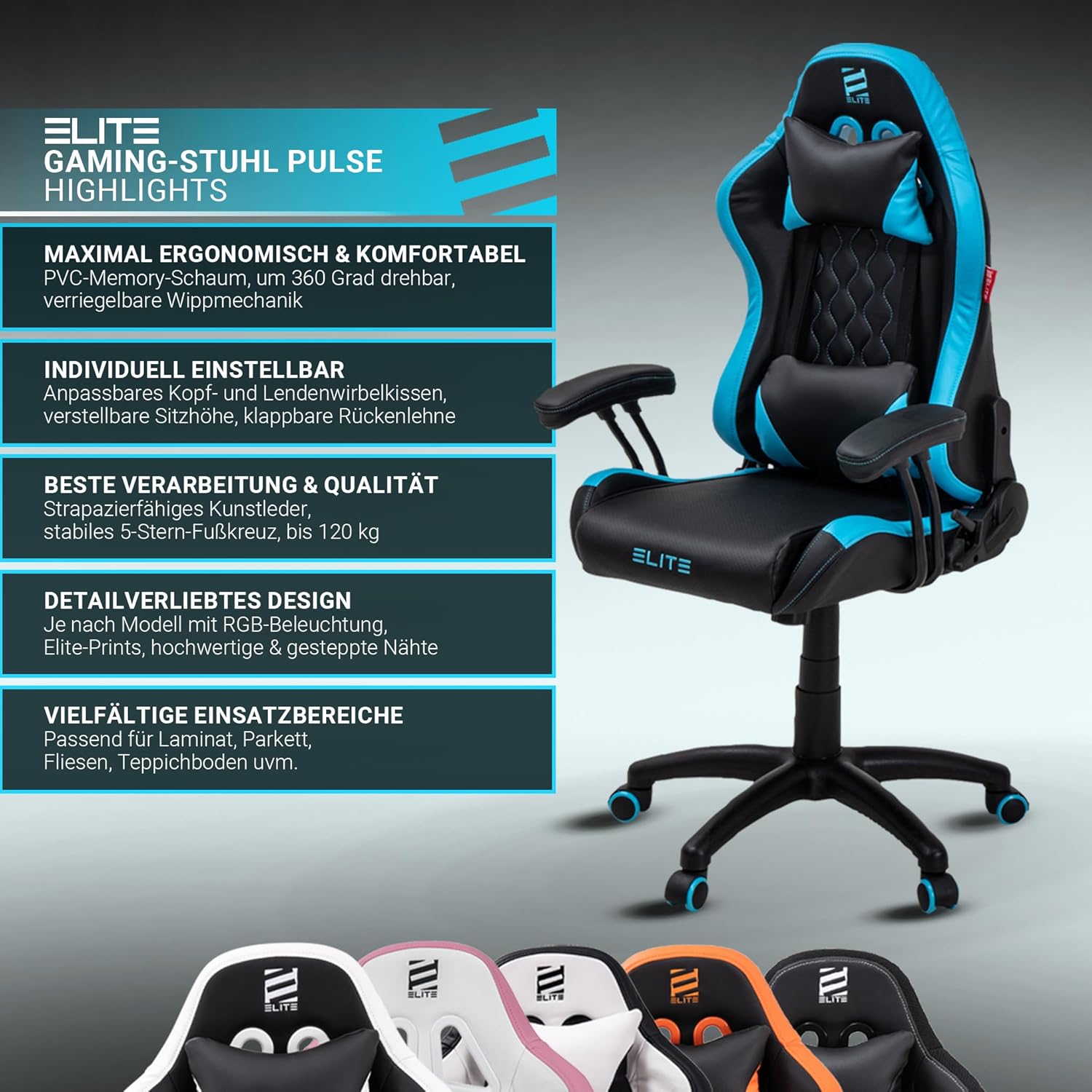 ELITE LED Gaming Stuhl Pulse für Kinder | Ergonomischer Bürostuhl - Schreibtischstuhl - Chefsessel - Sessel - Racing Gaming Stuhl - Gamingstuhl - Drehstuhl - Chair - Kunstleder (Schwarz/Weiß RGB)