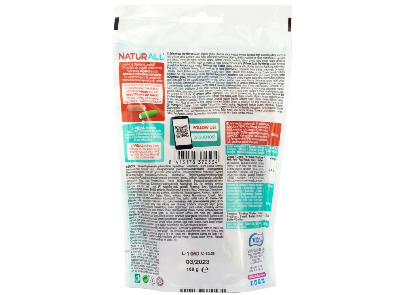 GOMAS VIDAL NATURALL TUBOS MIX FRUTAS 180G