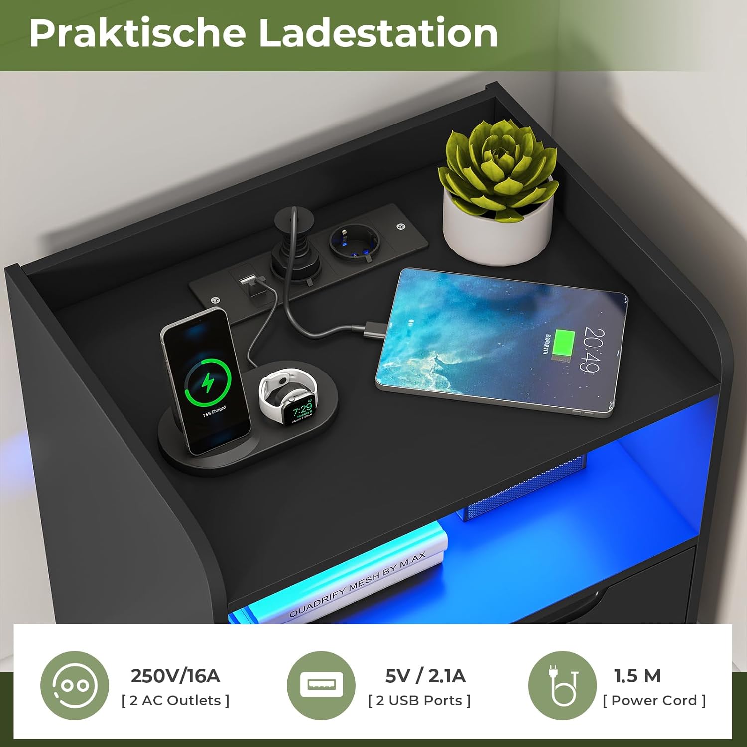 Nachttisch 2er Set Nachttische mit Ladefunktion und LED-Licht Nachtschrank 2er Set mit 2 Schubladen Nachttisch Schwarz Beistelltisch Schwarz Couchtisch Sofatisch für Schlafzimmer, Wohnzimmer
