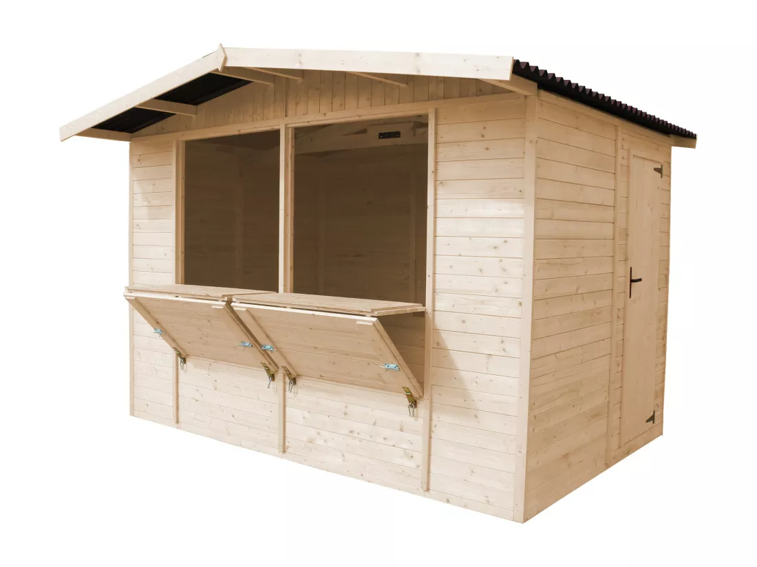TIMBELA M150 Maison de jardin en bois, Étal de marché en bois H232x336x263 cm/6m2