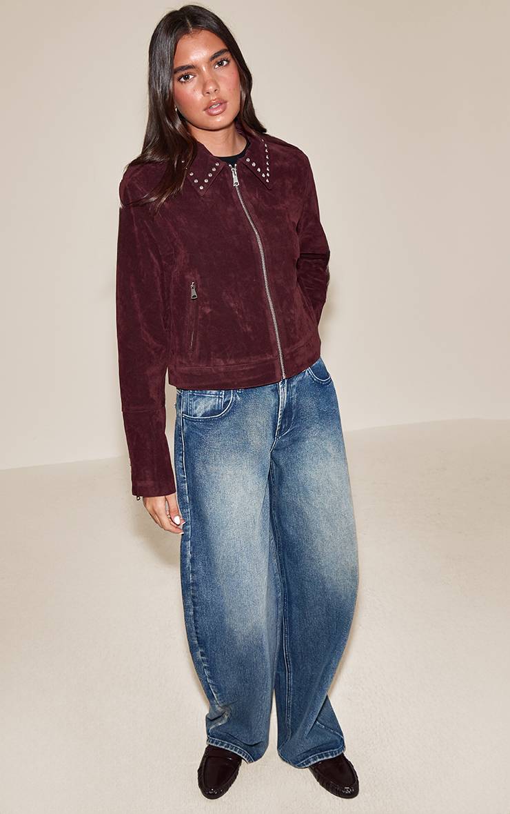 Rouge Bordeaux Veste Zippée En Faux Suède À Détails Cloutés