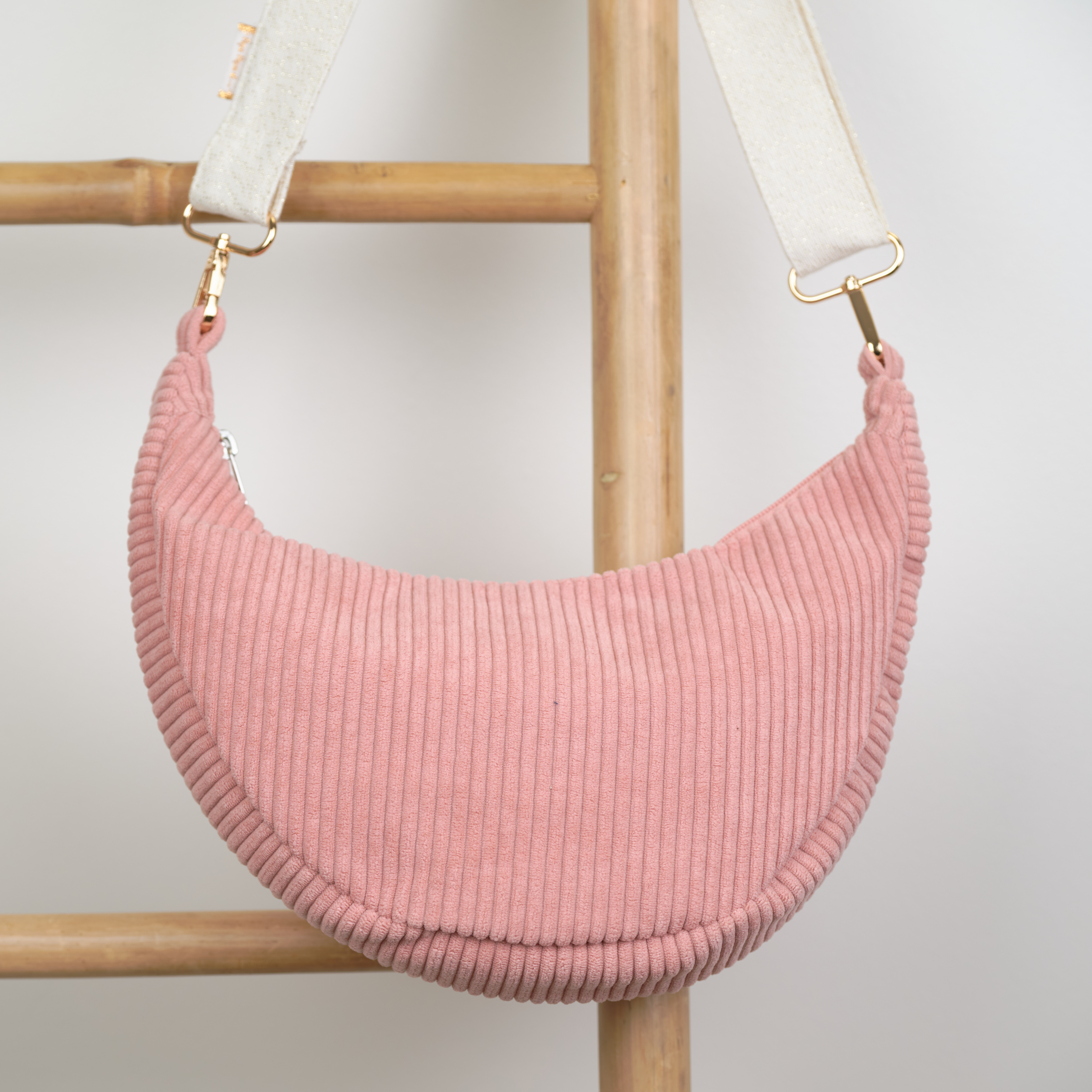 Petit Sac Demi Lune Velours Côtelé Rose Blush