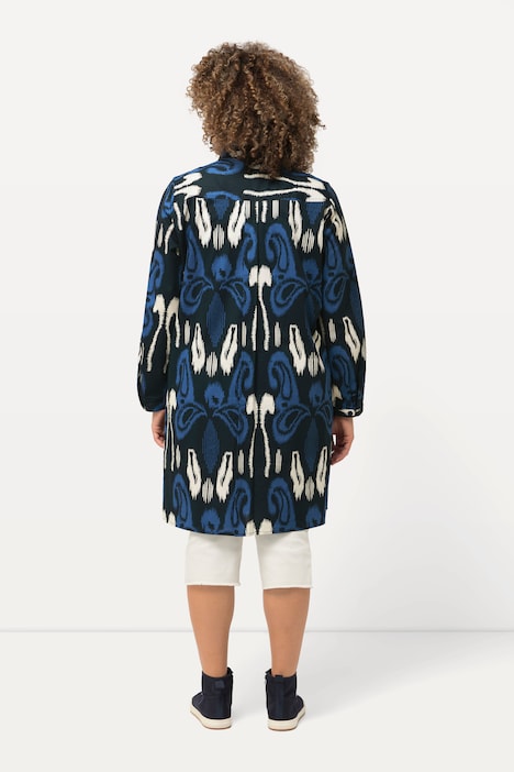 Longbluse, grafischer Druck, A-Linie, Hemdkragen, Langarm