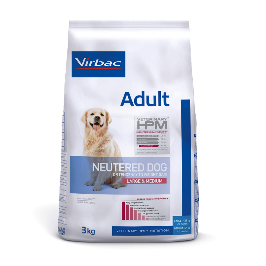 Alimento Virbac Veterinary HPM para cães adultos castrados de porte grande e médio.