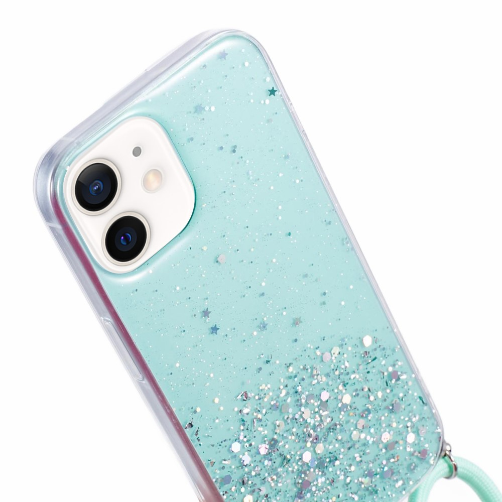 iPhone 12 / iPhone 12 Pro Necklace Gummi Hülle im Glitzer Design   Handykette (140cm) - Türkis / Transparent