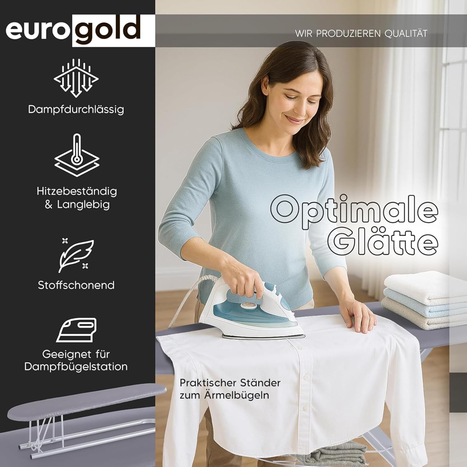 EUROGOLD Bügelbrett für Dampfbügelstation 130x48 cm – Bügelbrett XXL mit Steckdose, höhenverstellbarer Bügeltisch klappbar, mit Ärmelbrett & Bügeleisenablage, Oeko-TEX Baumwollbezug (Grey)