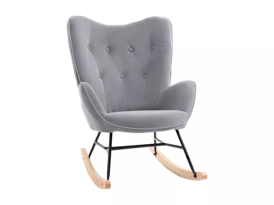 Fauteuil à bascule oreilles rocking chair grand confort accoudoirs assise dossier garnissage mousse haute densité aspect velours gris