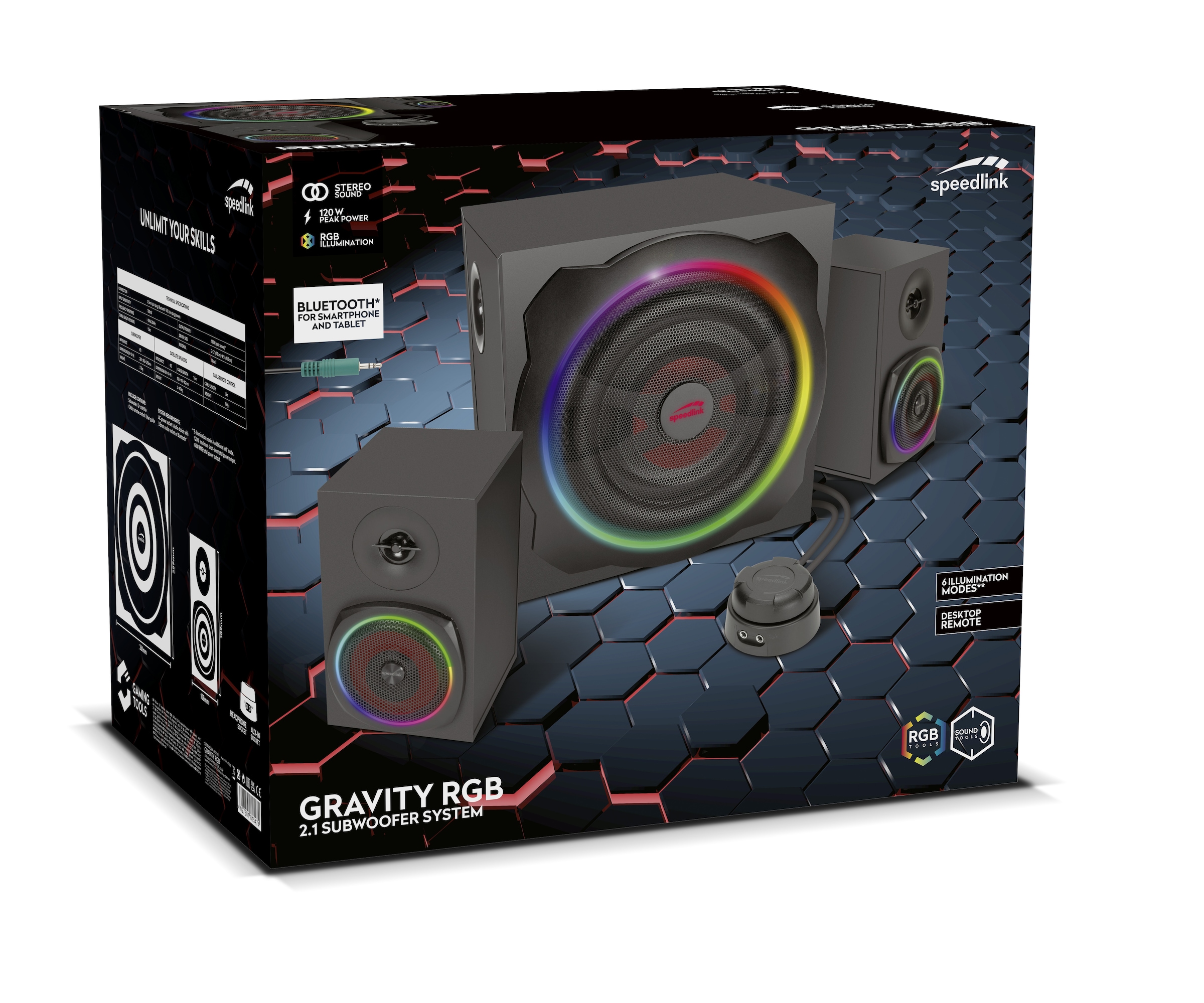 Speedlink 2.1 Soundsystem »GRAVITY LT RGB Subwoofer System aus Holz mit Bluetooth« 2.1 ( ) 40 W RMS, 80 W Spitzenleistung, 3,5mm Klinke, RGB-Tischfernbedienung