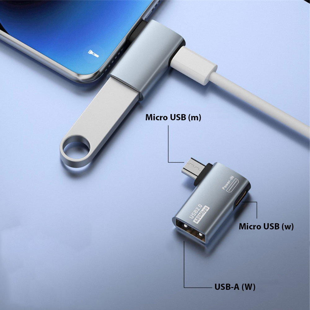OTG Micro USB (M) auf USB A (W) / Micro USB (W) Ladeadapter Konverter 90° Grad-Winkel - Grau