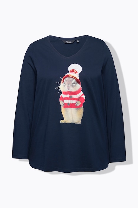 Weihnachtsshirt, Eichhörnchen, V-Ausschnitt, Langarm