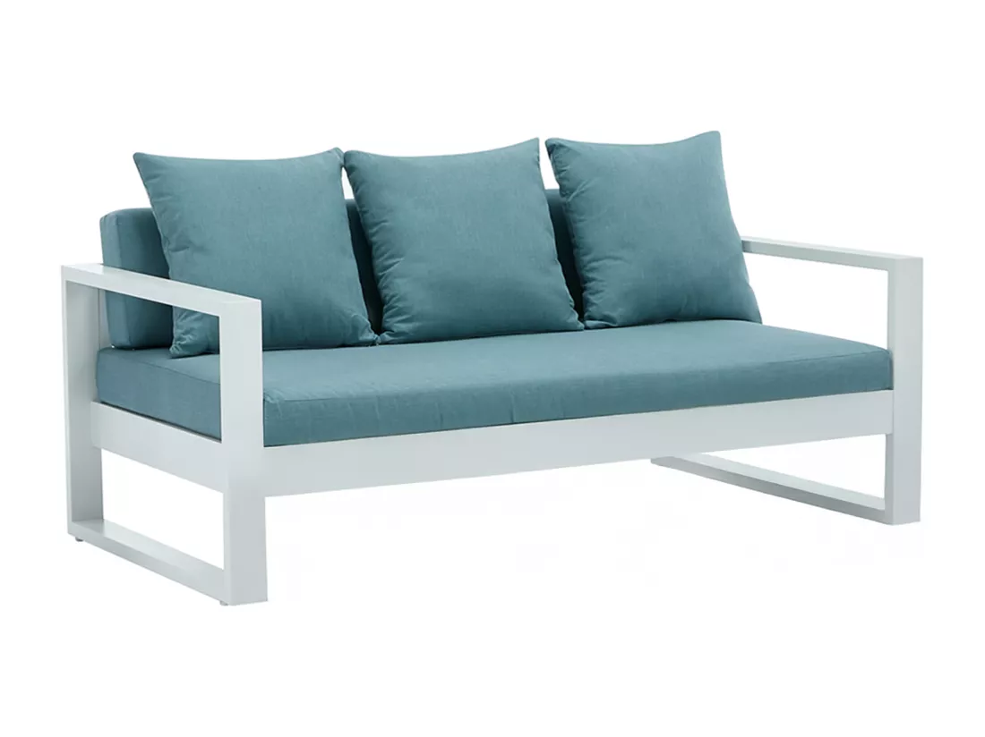 Salon de jardin en aluminium: un canapé 3 places, 2 fauteuils, une table basse - Blanc avec coussins bleus - MOLOKAI de MYLIA