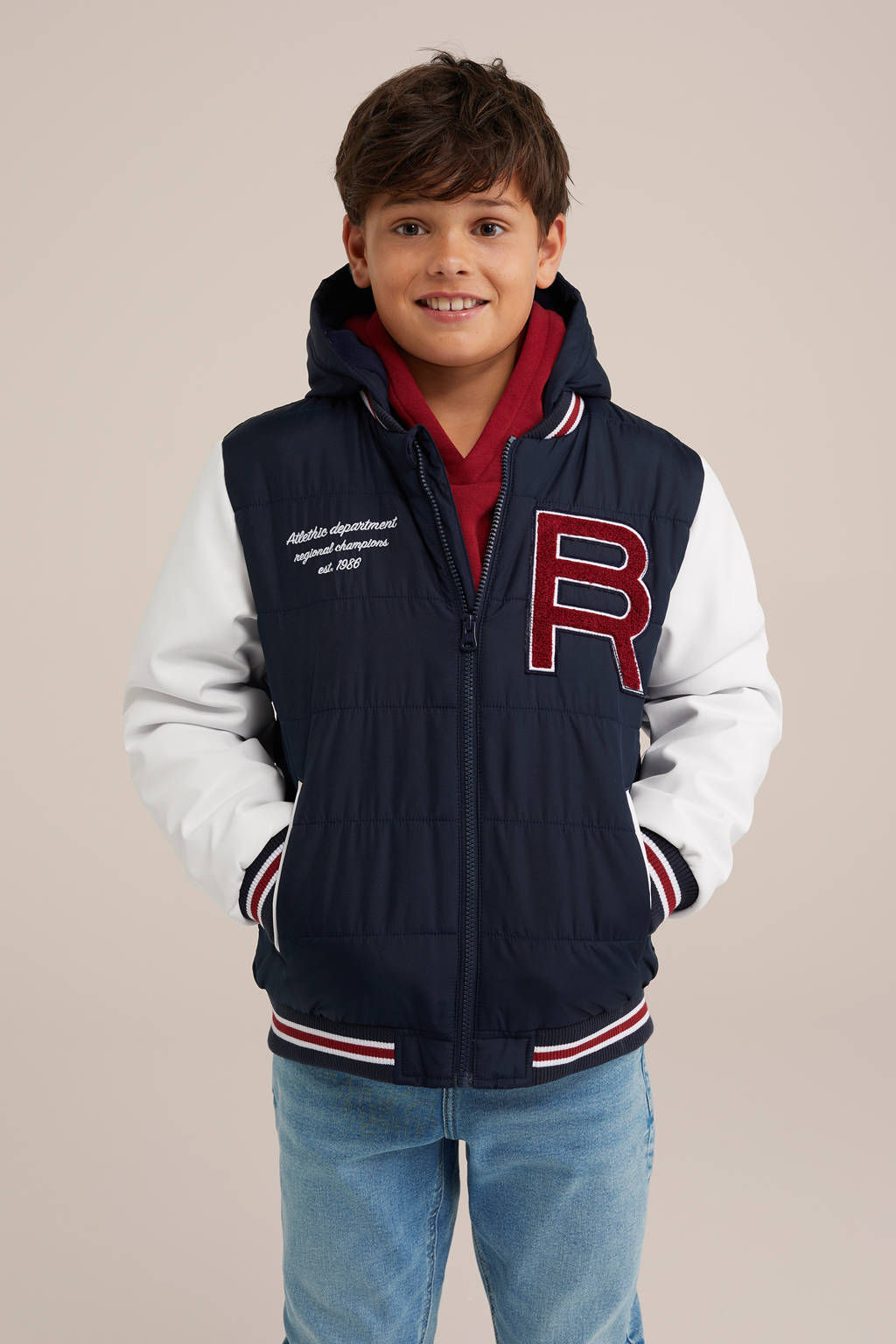 WE Fashion baseball jacket donkerblauw/wit/donkerrood