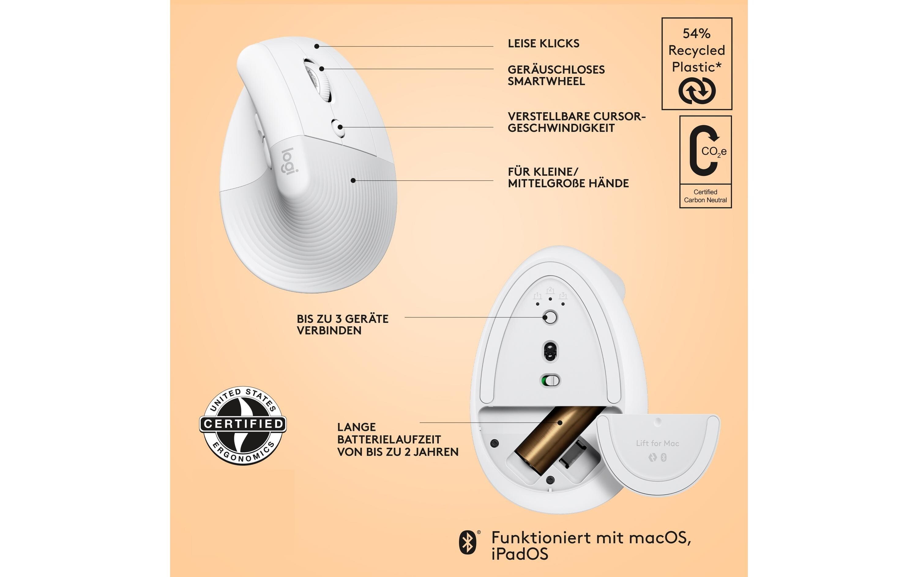 Ergonomische Maus Lift for Mac off-whiteFür Mac optimierte, ergonomische Maus mit vertikalem Design für kleine bis mittelgrosse Hände