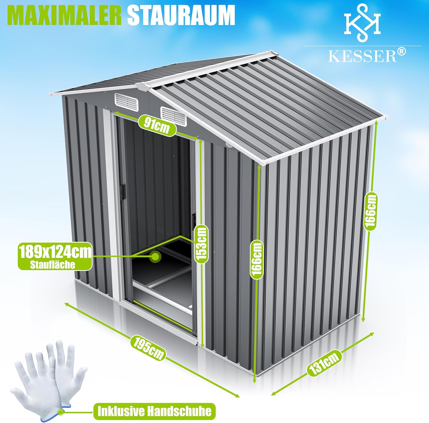KESSER® XL Metall Gerätehaus 4,2m³ mit Fundament | Inkl. Arbeitshandschuhe | 195x131x186cm | 2X Schiebetür & Fundament | Geräteschuppen | Gartenhaus Schrank | Satteldachdach Garten Schuppen Grau