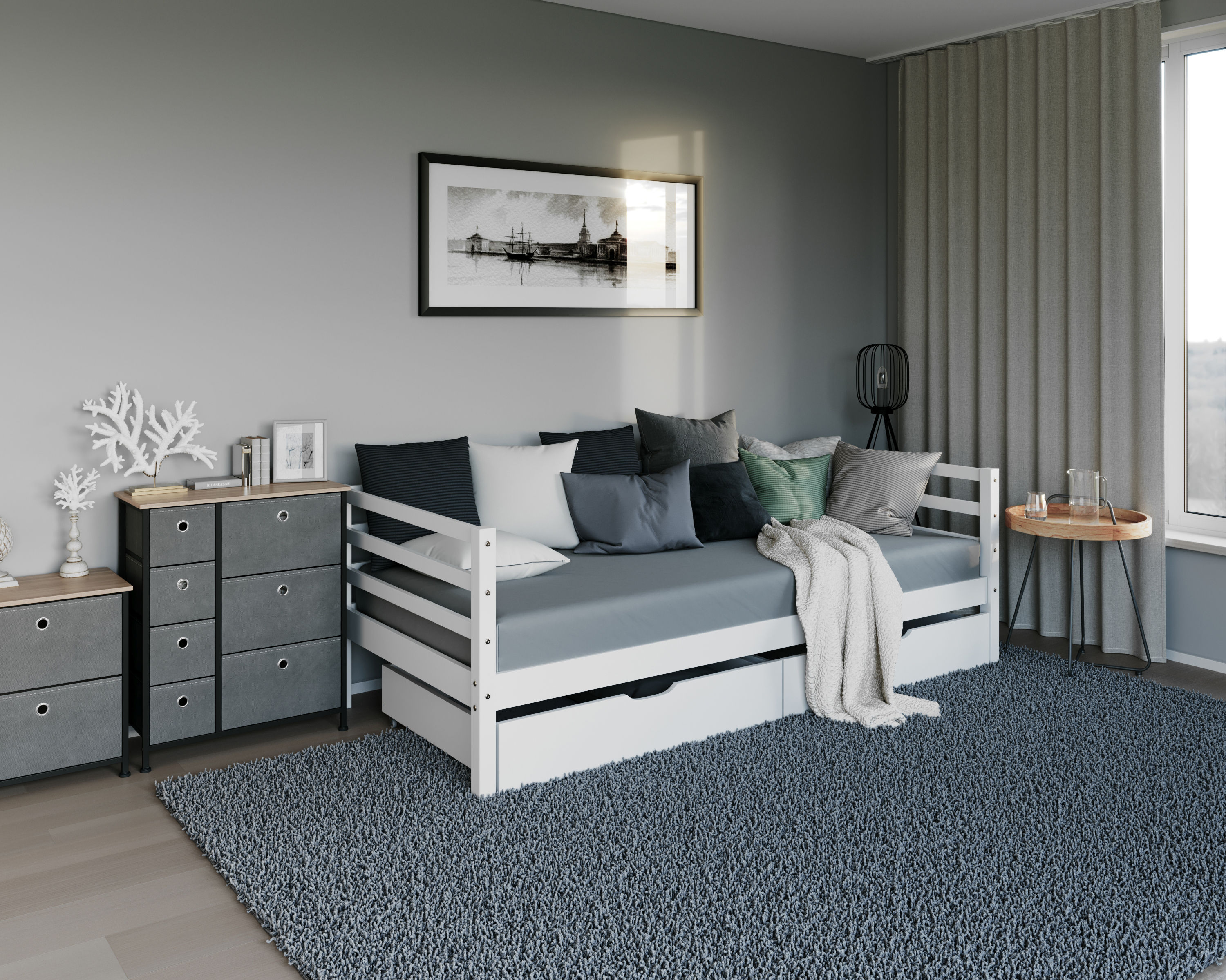 Bett Holz mit Schubladen 90 x 200 cm weiss