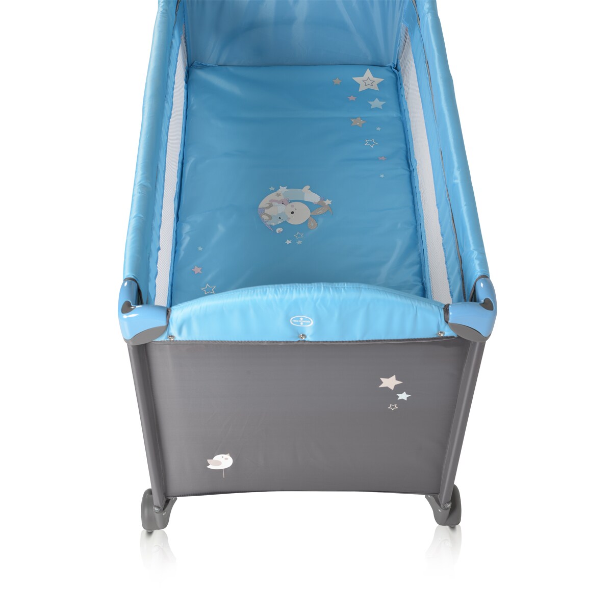 Moni Reisebett Sleepy Rollen, Wickelauflage, Matratze, Spielbogen, Seiteneingang grau-blau