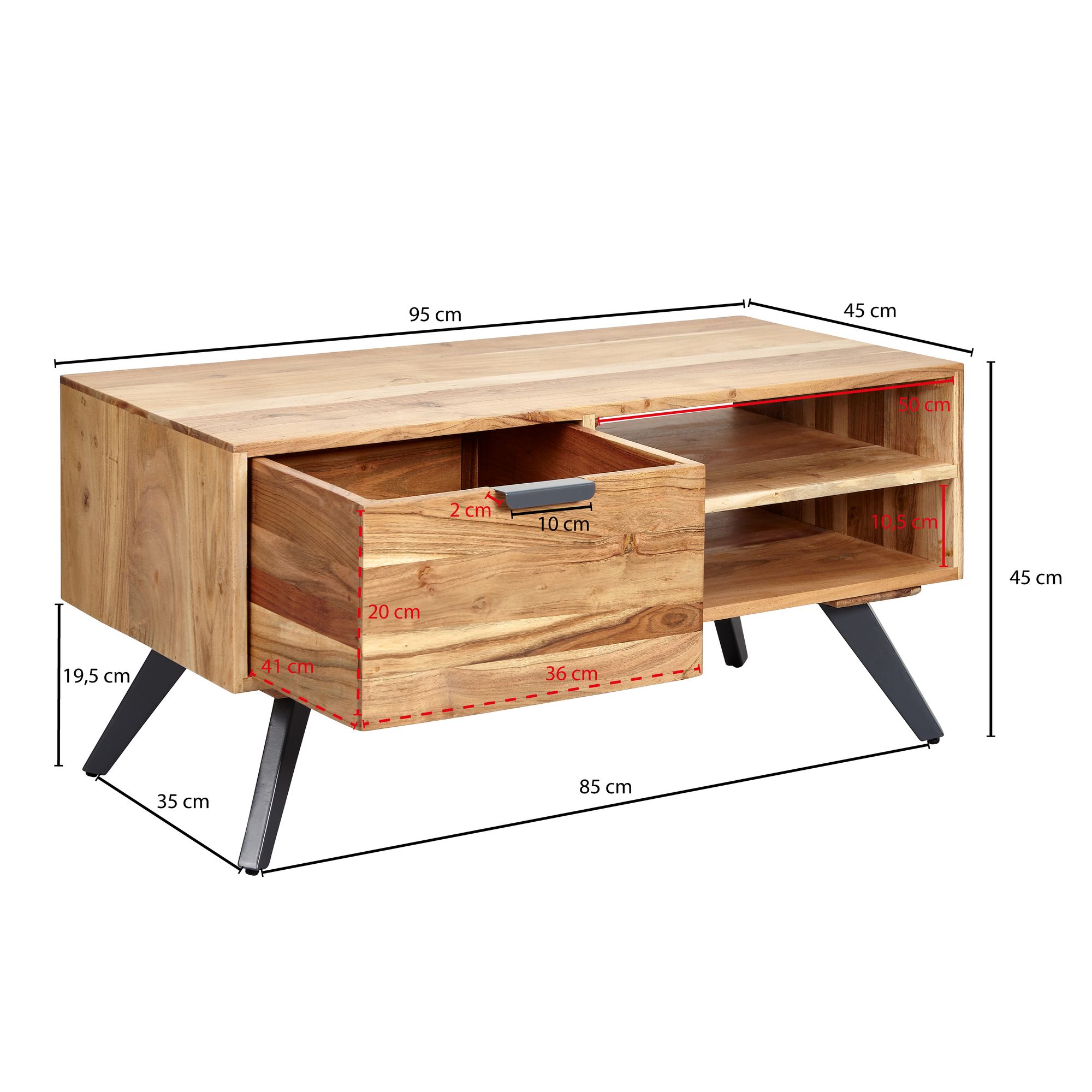 FineBuy Couchtisch 95x45 cm Akazie Wohnzimmertisch Holz Tisch Sofatisch Massiv