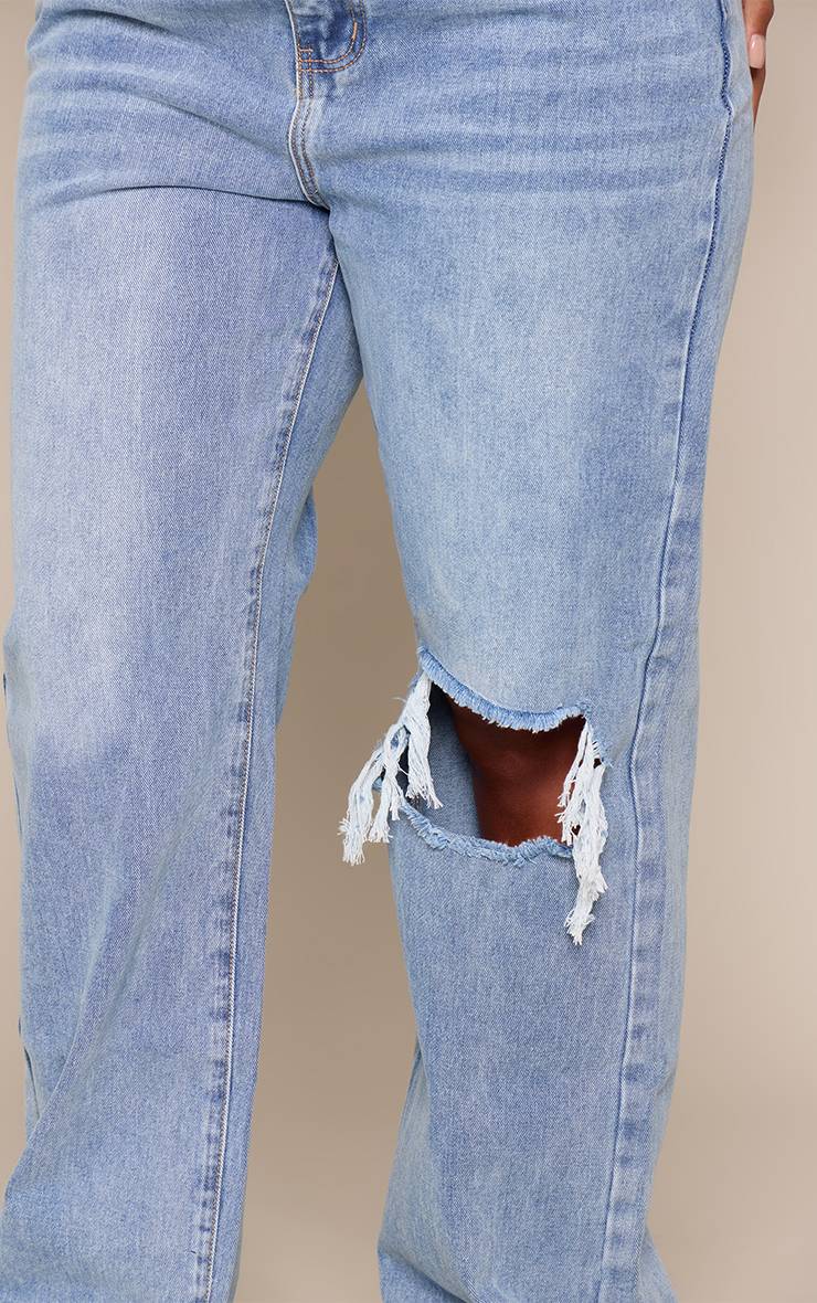 Light Blue Wash Jean Droit Jambe Longue Genou Ouvert Délavé Plus