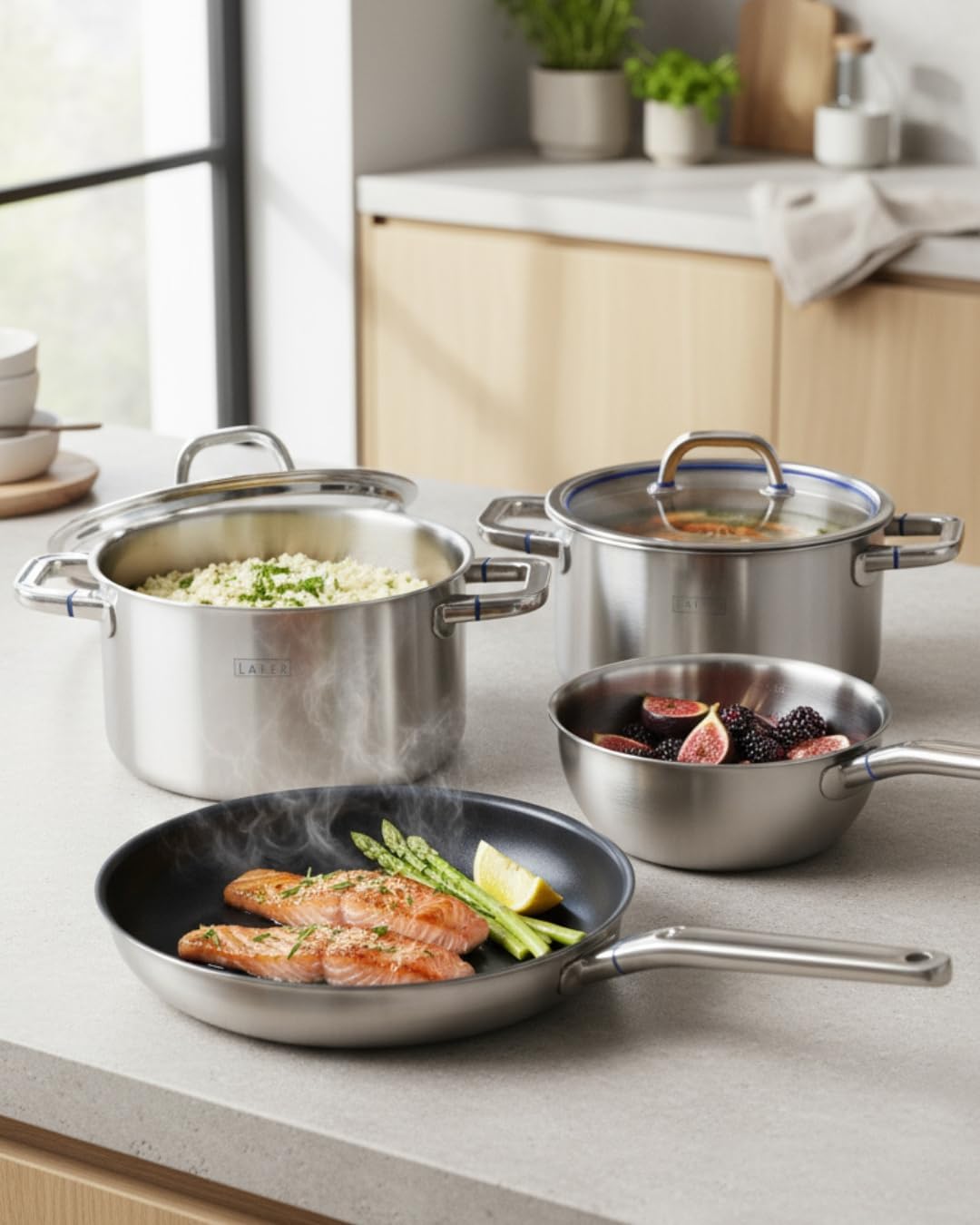 Johann Lafer - Topfset Edelstahl Kochtopf Set 4-teilig inkl. Bratpfanne 28 cm & Kochtöpfe mit Glasdeckel – Edelstahlpfanne & Kochtopf Spülmaschinenfest & für Induktion geeignet