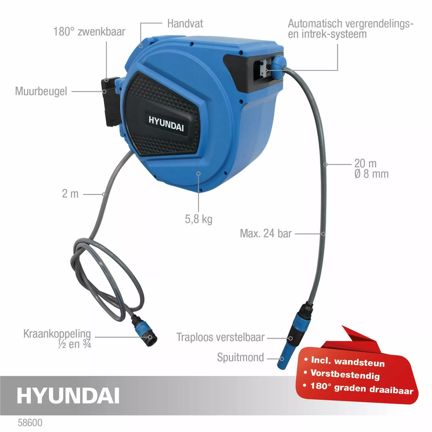 Hyundai 58600 Wandslangenbox - 8mm x 20m