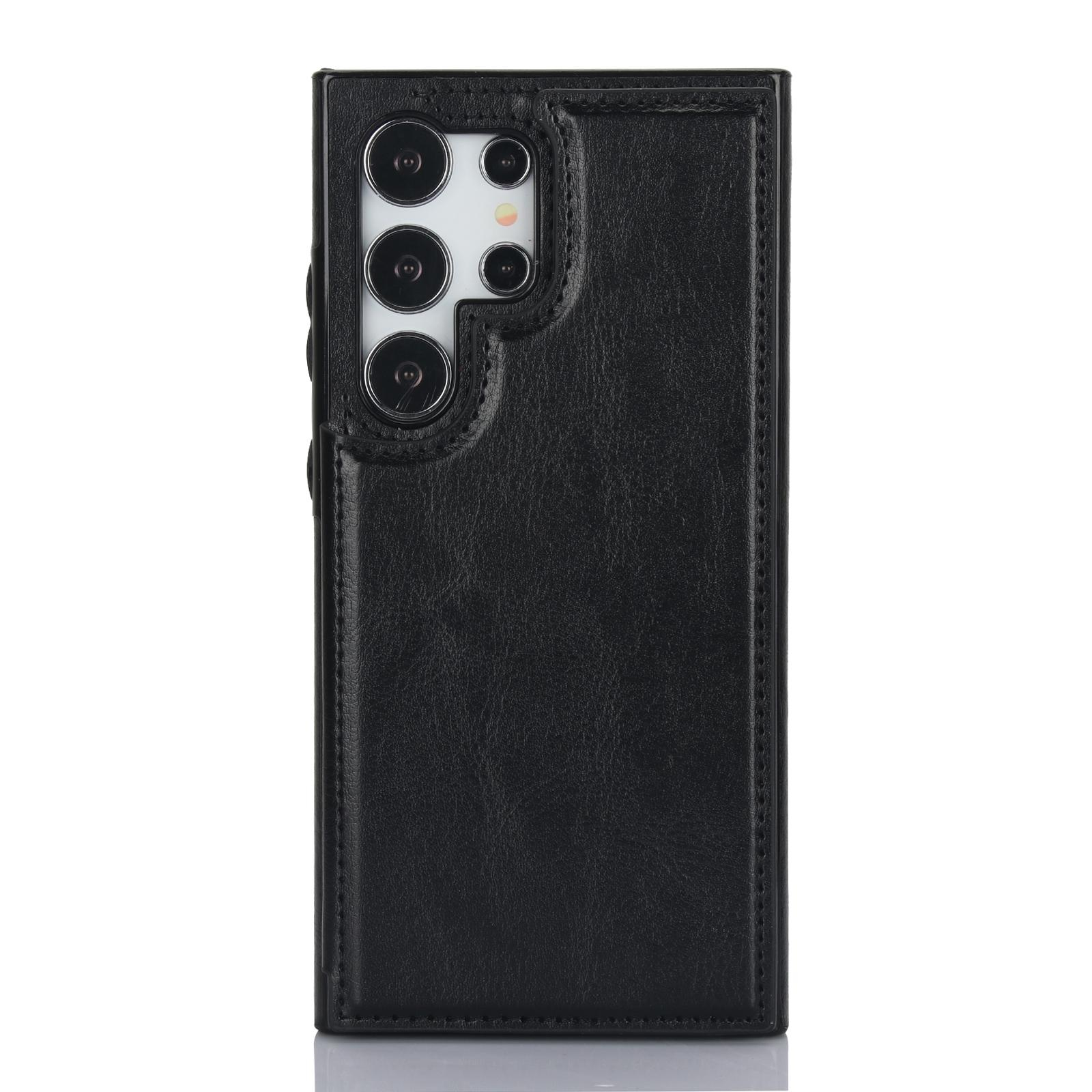 Samsung Galaxy S24 Ultra Hybrid Leder Hülle mit Kartenfach   Kickstand Aufsteller - Schwarz