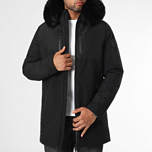 Parka Capuche Bimatière Avec Fourrure Noire 0076 Noir