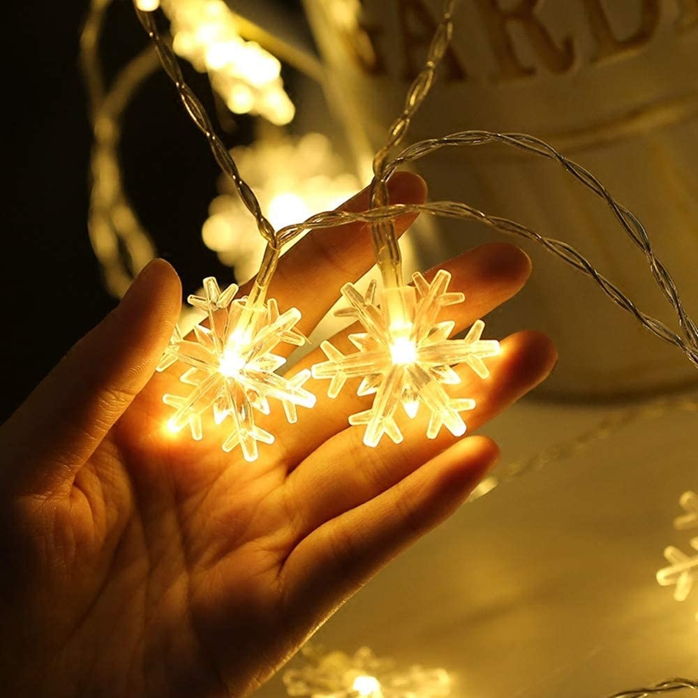 (6m) 40 LED's Weihnachts Deko Lichterkette Schneeflocken Beleuchtung (Batteriebetrieben) - Warmweiss