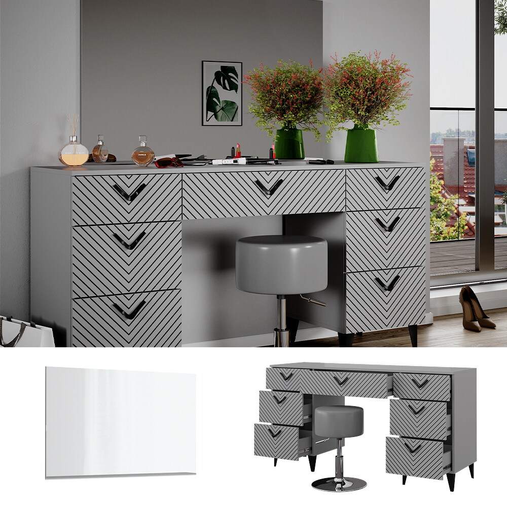 Vicco Schminktisch Anett Grau mit Spiegel und Hocker, 150 x 78 cm, Frisiertisch