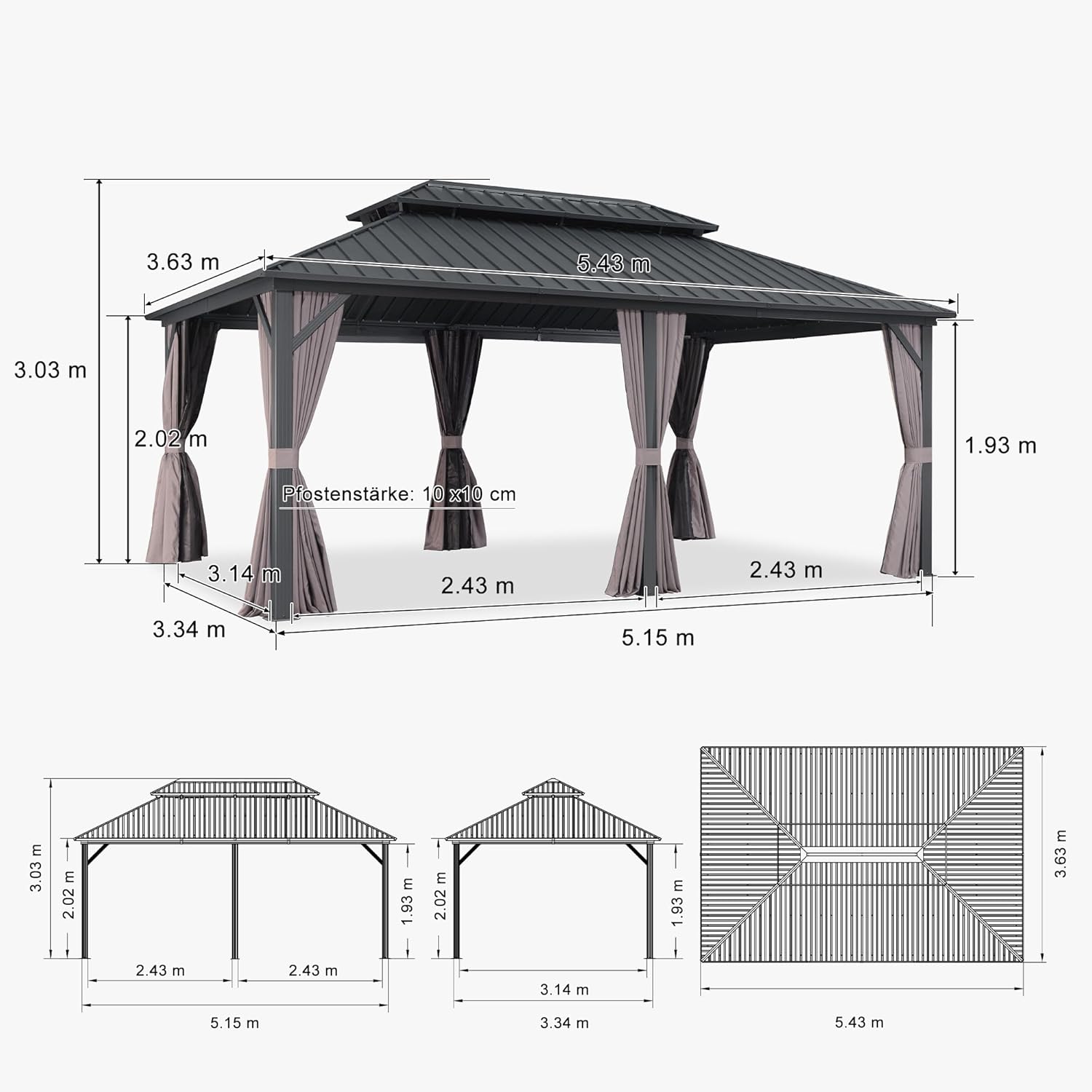 PURPLE LEAF Alu Pavillon 3.65 x 5.45 m Festem Dach, Basisch Gartenpavillon Wasserdicht Stabil Winterfest Hardtop Pavillon mit Moskitonetz und Vorhänge für Partyzelt, Grau