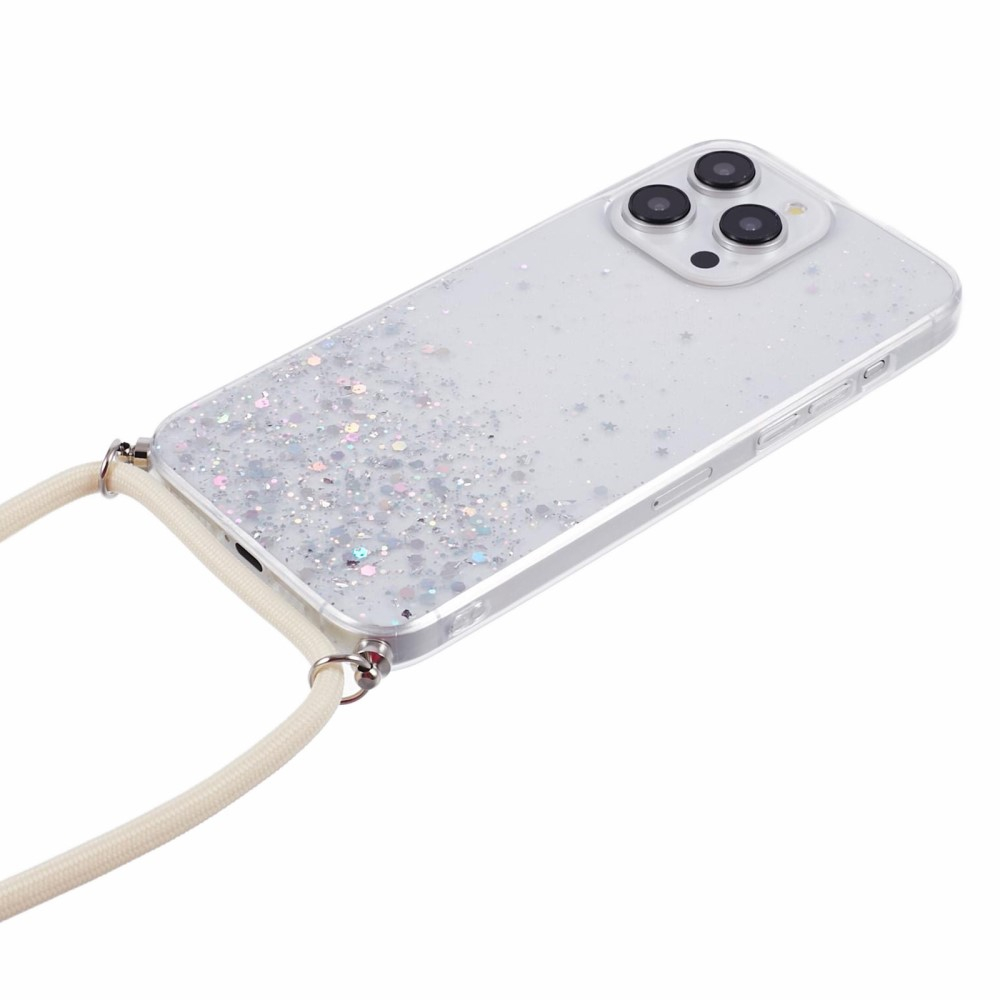 iPhone 15 Pro Max Necklace Gummi Hülle im Glitzer Design   Handykette (140cm) - Weiss / Transparent