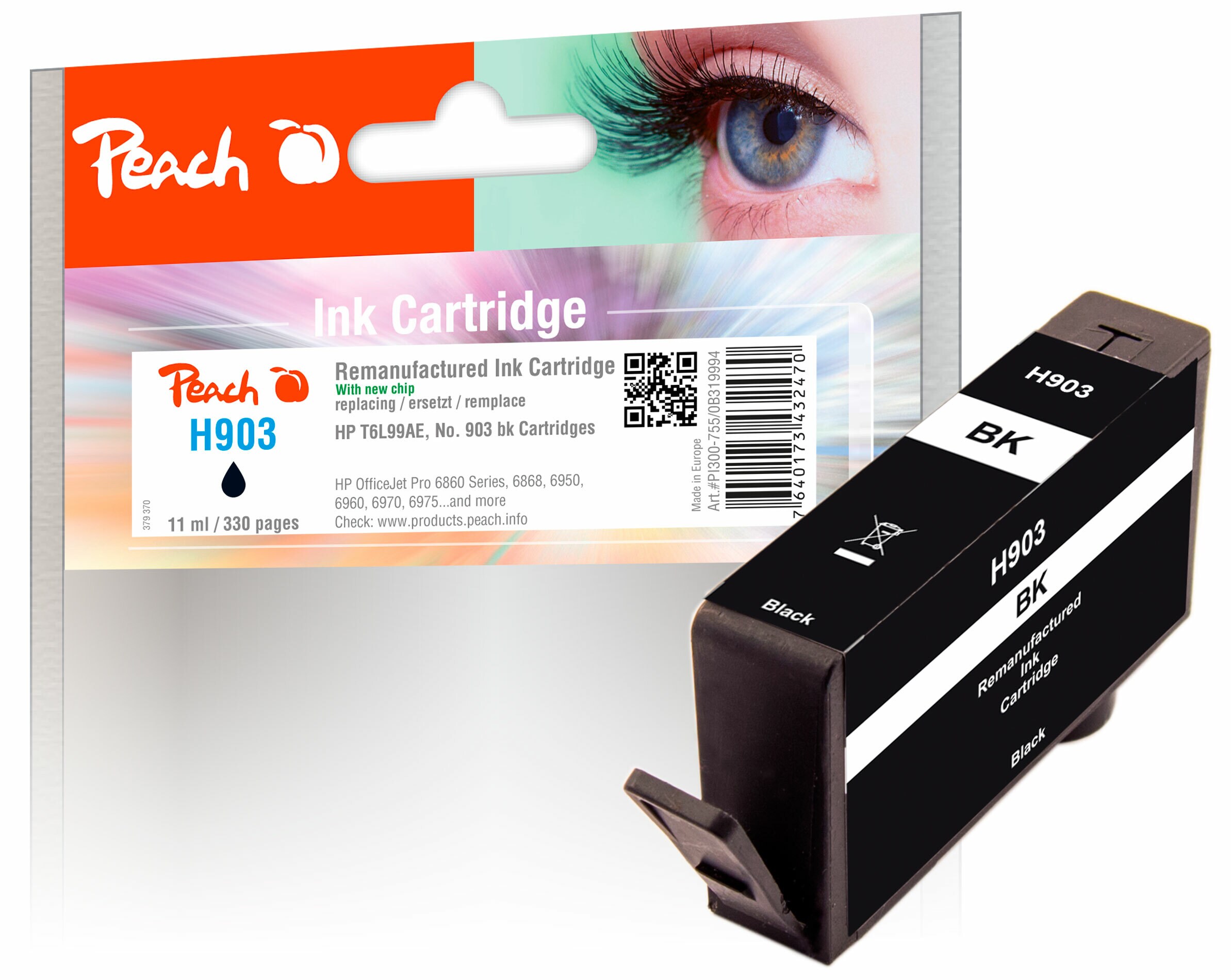 Peach HP 903 bk Druckerpatrone bk ersetzt HP No. 903 bk, T6L99AE für z.B. HP OfficeJet Pro 6970, HP OfficeJet Pro 6960, HP OfficeJet Pro 6860 (wiederaufbereitet)