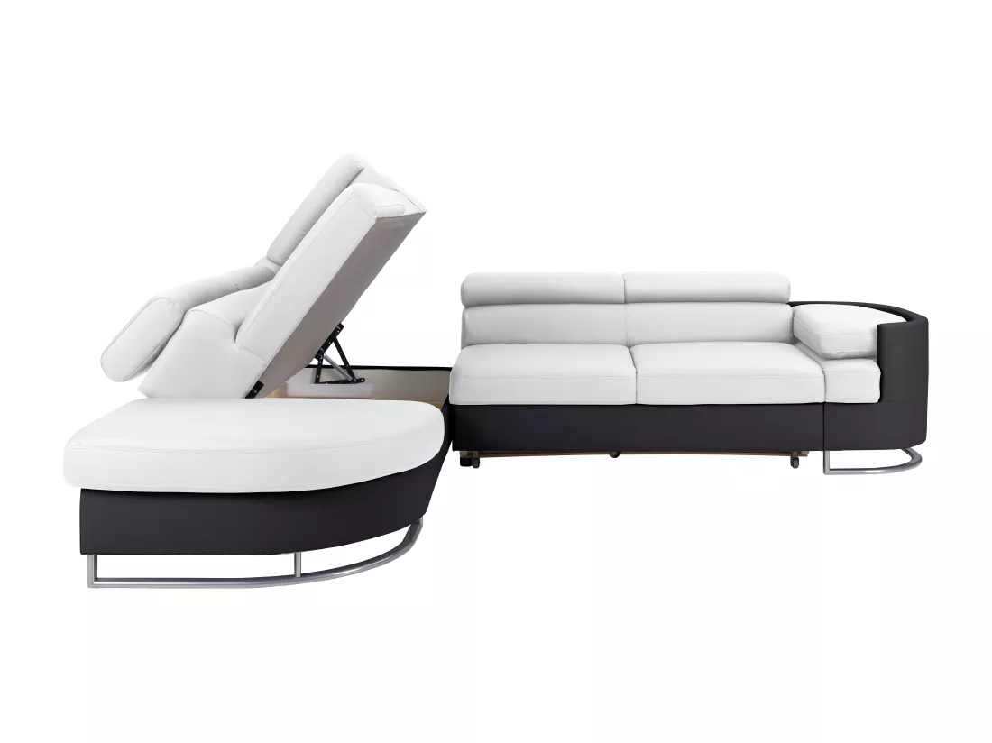 Canapé d'angle gauche convertible en simili blanc et noir MYSEN II