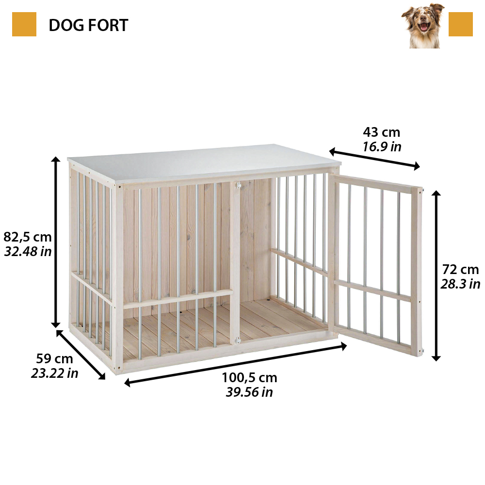 Niche d’intérieur pour chiens dog fort, bois fsc, barres aluminium, fermeture de sécurité