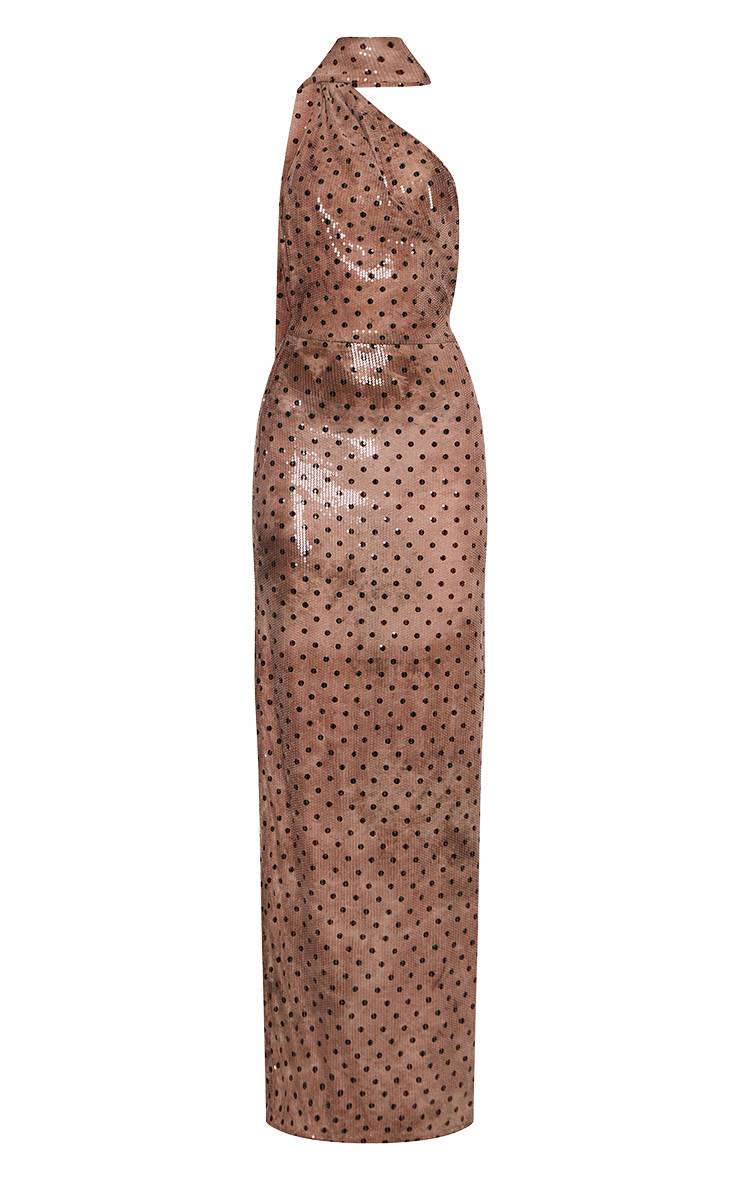 Taupe Robe Longue À Pois Sequins Avec Détail Foulard